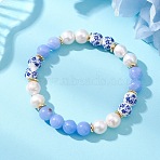 Natural Blue Lace Agate & Cultured Freshwater Pearl & Handmade Porcelain Ceramic Beads Stretch Bracelets for Women, Round, Inner Diameter: 2.22 inch(5.65cm)(BJEW-JB13085)