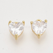Valentine's Day Brass Charms, with Cubic Zirconia, Nickel Free, Heart, Real 18K Gold Plated, Clear, 7x5x3mm, Hole: 0.9mm(X-ZIRC-Q021-020G-01-NF)