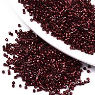 11/0 Grade A Glass Seed Beads, Cylinder, Uniform Seed Bead Size, Metallic Colours, Dark Red, 1.5x1mm, Hole: 0.5mm, about 2000pcs/10g(X-SEED-S030-1212)