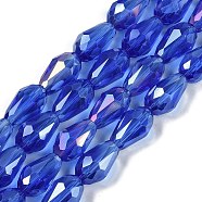 Transparent Electroplate Glass Beads Strands, AB Color Plated, Faceted, Teardrop, Blue, 8x6mm, Hole: 1.2mm, about 65~67pcs/strand, 20.08''(51cm)(EGLA-T6mm-B11)