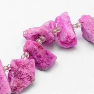 Electroplated Natural Agate Bead Strands, Druzy Agate, Nuggets, Dyed, Hot Pink, 22~37x14~17x17~21mm, Hole: 1.5mm, about 8pcs/strand, 5 inch(G-G893-05)