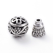 Tibetan Style Alloy 3-Hole Guru Bead Sets, T-Drilled Beads, Hollow Round Beads & Bead Cone, Antique Silver, 10.5mm(PALLOY-TAC0009-36AS)