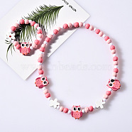 Plastic & Wood Beaded Necklaces & Beaded Bracelets Sets, Kid Jewelry Sets, Owl, 450mm & 140mm(WG31E53-03)