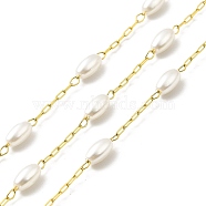 Ion Plating(IP) 316 Surgical Stainless Steel Paperclip Chains, Glass Pearl Oval Charm Chain, Soldered, with Spool, Real 18K Gold Plated, Link: 2.5x1.5x0.3mm, Oval: 6x3.5mm(CHS-I019-11G)