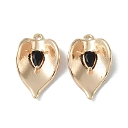 Brass Cubic Zirconia Pendants, Leaf, Real 18K Gold Plated, Black, 20x12x4mm, Hole: 1.4mm(KK-H482-12G-05)