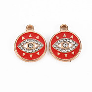 Alloy Pendants, with Enamel and Rhinestone, Light Gold, Flat Round with Eye, Red, 19x15x3mm, Hole: 1.6mm(PALLOY-N153-24A-RS)