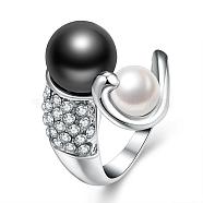 Tin Alloy Czech Rhinestone Finger Rings For Women, with Imitation Pearl, Black, Platinum, Size 8, 18.1mm(RJEW-BB10592-8)