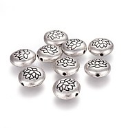 Tibetan Style Alloy Beads, Flat Round with Lotus, Lead Free & Nickel Free & Cadmium Free, Thailand Sterling Silver Plated, 14x6.5mm, Hole: 1mm(TIBEB-Q067-08TAS-NR)