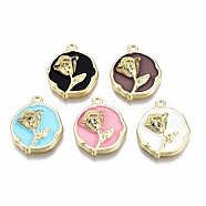 Rack Plating Alloy Enamel Pendants, Cadmium Free & Lead Free, Light Gold, Flat Round with Rose, Mixed Color, 21.5x18.5x5.5mm, Hole: 1.6mm(ENAM-N060-18-LG)