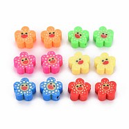 Handmade Polymer Clay Beads, Flower with Smiling Face, Mixed Color, 9~10x4mm, Hole: 1.5mm(CLAY-S096-011)