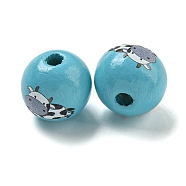 Natural Wood European Beads, Large Hole Beads, Round with Cow Pattern, Sky Blue, 16mm, Hole: 4mm(WOOD-F014-01B)