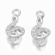 Brass Micro Pave Cubic Zirconia Charms, Nickel Free, Musical Note, Clear, Real Platinum Plated, 14x7x2mm, Hole: 1.4mm(KK-R126-002P-NF)