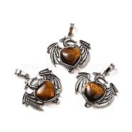 Natural Tiger Eye Heart Pendants, Dragon Charms, with Rack Plating Antique Silver Plated Brass Findings, Lead Free & Cadmium Free, 33x33.5~34x7~7.5mm, Hole: 8x5mm(KK-K331-01AS-02)