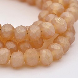 Full Rainbow Plated Faceted Rondelle Glass Beads Strands, Frosted, Sandy Brown, 4x3mm, Hole: 1mm, about 108pcs/strand, 15 inch(EGLA-J054-4x3mm-FR01)