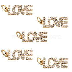 5Pcs Brass Micro Pave Clear Cubic Zirconia Pendants, with Jump Rings, Word Love, Real 18K Gold Plated, 18.6x7x1.9mm, Hole: 2.4mm(ZIRC-SZ0002-02)