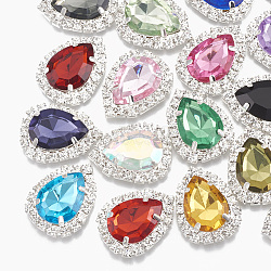 Acrylic Rhinestone Cabochons, with Brass Rhinestone Findings, Faceted, teardrop, Silver Color Plated, Mixed Color, 25x19x6mm(X-RB-T008-13S)