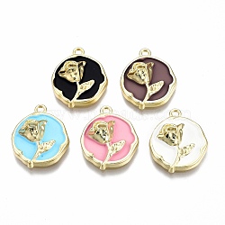 Rack Plating Alloy Enamel Pendants, Cadmium Free & Lead Free, Light Gold, Flat Round with Rose, Mixed Color, 21.5x18.5x5.5mm, Hole: 1.6mm(ENAM-N060-18-LG)