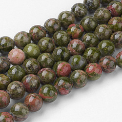 Natural Unakite Bead Strands, Round, 6~6.5mm, Hole: 1mm, about 60pcs/strand, 14.9 inch(38cm)(G-G735-67-6mm)