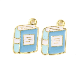 Golden Plated Alloy Enamel Pendants, Cadmium Free & Lead Free, Book Charm, Light Sky Blue, 17x11x1mm, Hole: 1.6mm(X-ENAM-Z017-12G-01)