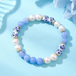 Natural Blue Lace Agate & Cultured Freshwater Pearl & Handmade Porcelain Ceramic Beads Stretch Bracelets for Women, Round, Inner Diameter: 2.22 inch(5.65cm)(BJEW-JB13085)
