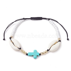 Corss Synthetic Turquoise & Natural Cowrie Shell Braided Bead Bracelets, Summer Glass Seed Adjustable Bracelets for Women, Black, Inner Diameter: 1-3/4~3-7/8 inch(4.6~9.8cm)(BJEW-JB10357-01)