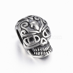 316 Surgical Stainless Steel European Beads, Skull, Antique Silver, 12x8.5x8mm, Hole: 4.5mm(STAS-G153-74AS)