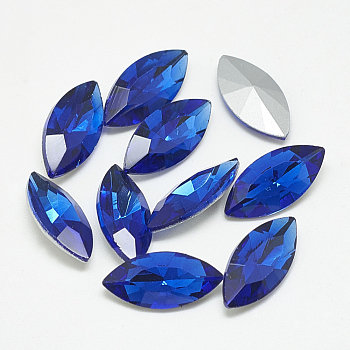 Pointed Back Glass Rhinestone Cabochons, Back Plated, Faceted, Horse Eye, Sapphire, 10x5x3mm