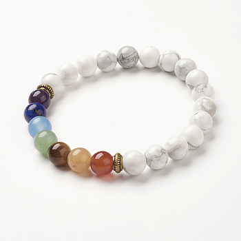 Yoga Chakra Jewelry, Natural Howlite Beads Stretch Bracelets, 2-1/8~2-3/8 inch(55~60mm)
