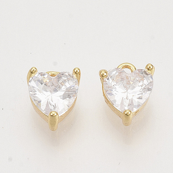 Valentine's Day Brass Charms, with Cubic Zirconia, Nickel Free, Heart, Real 18K Gold Plated, Clear, 7x5x3mm, Hole: 0.9mm