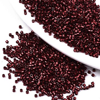 11/0 Grade A Glass Seed Beads, Cylinder, Uniform Seed Bead Size, Metallic Colours, Dark Red, 1.5x1mm, Hole: 0.5mm, about 2000pcs/10g