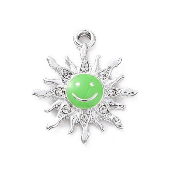 Alloy Enamel Pendants, with Crystal Rhinestone, Smiling Sun Charms, Platinum, Lime Green, 22.5x19.5x2.5mm, Hole: 2mm