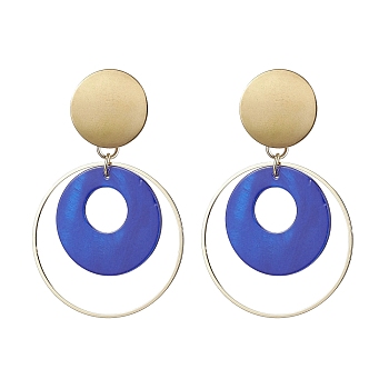 Natural Shell Dangle Earrings, Ring 304 Stainless Steel Stud Earring for Women, Dark Blue, 65x39.5mm