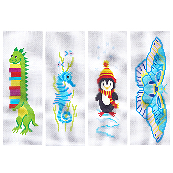 4 Sets 4 Style DIY Sea Horse/Penguin/Dinosaur/Butterfly Pattern PP Bookmarks Cross Stitch Kits, including Polyester Thread, Sewing Needles, Threader, Mixed Color, 227~230x78~80x0.8~0.9mm, 1 set/style