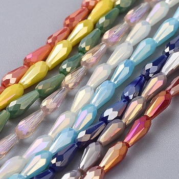 Electroplated Glass Beads Strands, Full Rainbow Plated, Faceted, Teardrop, Mixed Color, 9~10x4mm, Hole: 0.8mm, about 70~72pcs/strand, 25.98 inch~27.95 inch(66~71cm)