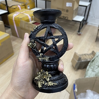 Resin Pentagram Ivy Leaf Candle Holders, Star Candlesticks, 60~80mm Stone Sphere Stand, for Witchcraft Wiccan Altar Supplies, Gold, 7.5x13.5cm
