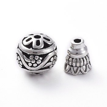 Tibetan Style Alloy 3-Hole Guru Bead Sets, T-Drilled Beads, Hollow Round Beads & Bead Cone, Antique Silver, 10.5mm