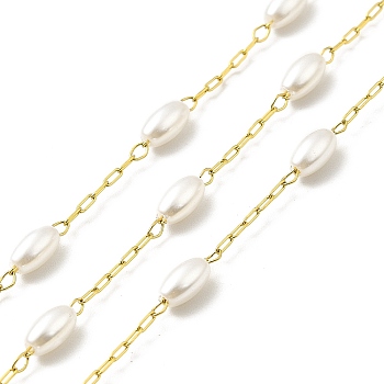 Ion Plating(IP) 316 Surgical Stainless Steel Paperclip Chains, Glass Pearl Oval Charm Chain, Soldered, with Spool, Real 18K Gold Plated, Link: 2.5x1.5x0.3mm, Oval: 6x3.5mm