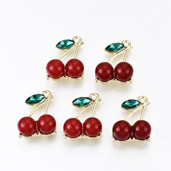 Rack Plating Alloy Pendants, with ABS Plastic Imitation Pearl, Enamel with Glass, Cadmium Free & Nickel Free & Lead Free, Red 3D Cherry, Light Gold, 21x16.5x10mm, Hole: 1.6mm