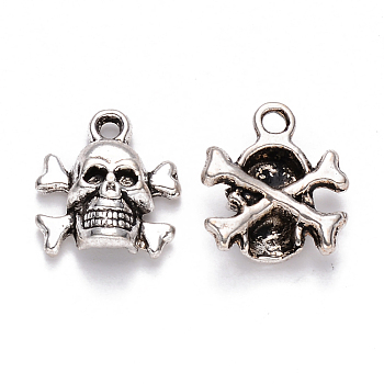 Tibetan Style Alloy Charms, Skull, Cadmium Free & Lead Free, Antique Silver, 14.5x13x4.5mm, Hole: 1.6mm