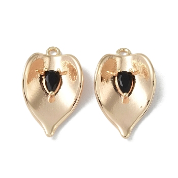 Brass Cubic Zirconia Pendants, Leaf, Real 18K Gold Plated, Black, 20x12x4mm, Hole: 1.4mm