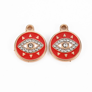 Alloy Pendants, with Enamel and Rhinestone, Light Gold, Flat Round with Eye, Red, 19x15x3mm, Hole: 1.6mm