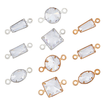 40Pcs 10 Styles Brass Pave Clear Cubic Zirconia Connector Charms, Geometric Link, Square & Oval & Rectangle, Mixed Shapes, Platinum & Light Gold, 3.5~6.5x11.5~12x1.5~3.5mm, Hole: 1mm, 4pcs/style