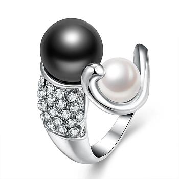Tin Alloy Czech Rhinestone Finger Rings For Women, with Imitation Pearl, Black, Platinum, Size 8, 18.1mm
