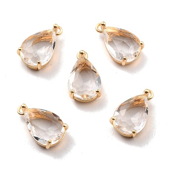 Rack Plating Brass Glass Pendants, Long-Lasting Plated, Teardrop, Real 18K Gold Plated, 17x10x6.5mm, Hole: 1.6mm