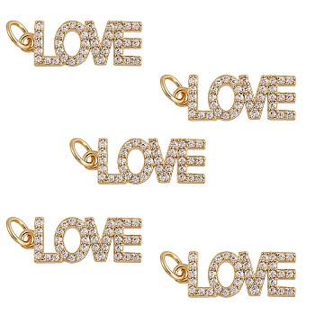 5Pcs Brass Micro Pave Clear Cubic Zirconia Pendants, with Jump Rings, Word Love, Real 18K Gold Plated, 18.6x7x1.9mm, Hole: 2.4mm