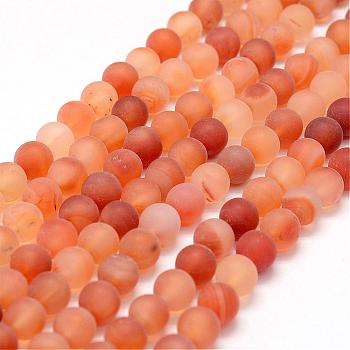 Frosted Natural Carnelian Beads Strands, Round, Dyed & Heated, Red, 8mm, Hole: 1mm, about 48pcs/strand, 15.2 inch