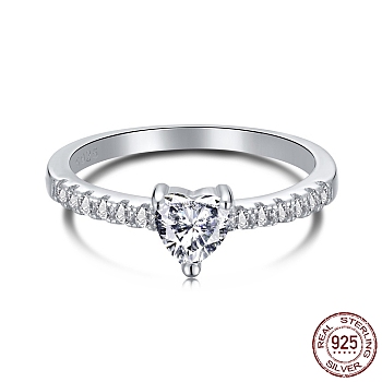 Rhodium Plated 925 Sterling Silver Finger Rings, Birthstone Ring, Engagement Ring, with Cubic Zirconia Heart & 925 Stamp for Women, Real Platinum Plated, Clear, 1.7mm, US Size 7(17.3mm)