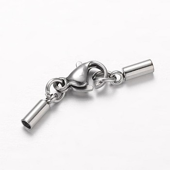 304 Stainless Steel Tube Cord Ends, with Lobster Claw Clasps, Stainless Steel Color, 29mm, Hole: 2mm