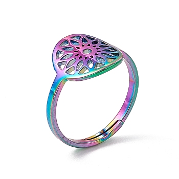 Ion Plating(IP) 201 Stainless Steel Flower Adjustable Ring for Women, Rainbow Color, US Size 6(16.5mm)