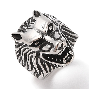 Viking 304 Stainless Steel Wolf Head Wide Finger Rings for Mens, Antique Silver, 26mm, US Size 10(19.8mm)